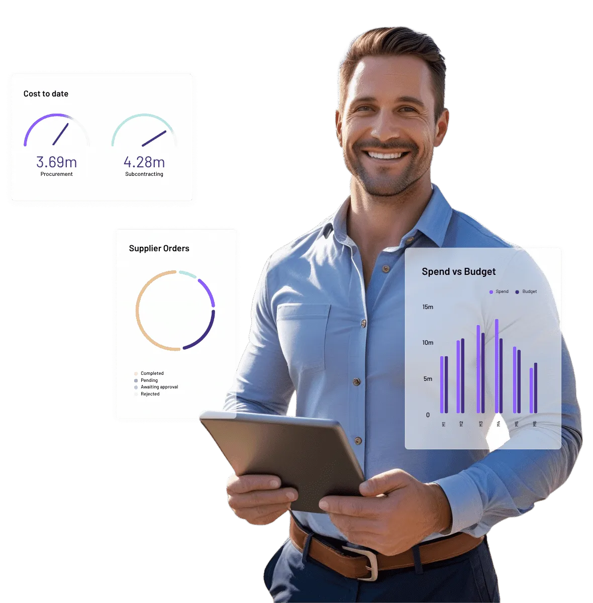 Man holding tablet with construction erp financial data.