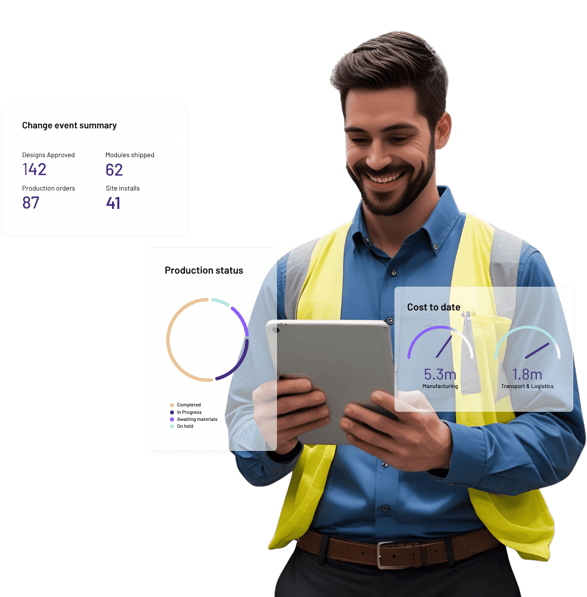 Offsite manufacturing professional using tablet with production data.