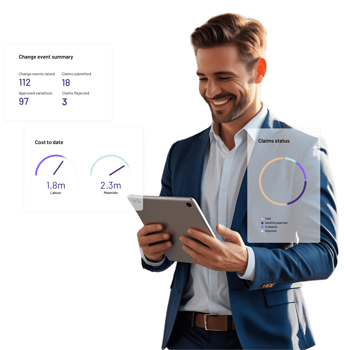 Specialist contractor Businessman reviewing construction erp project data on tablet.
