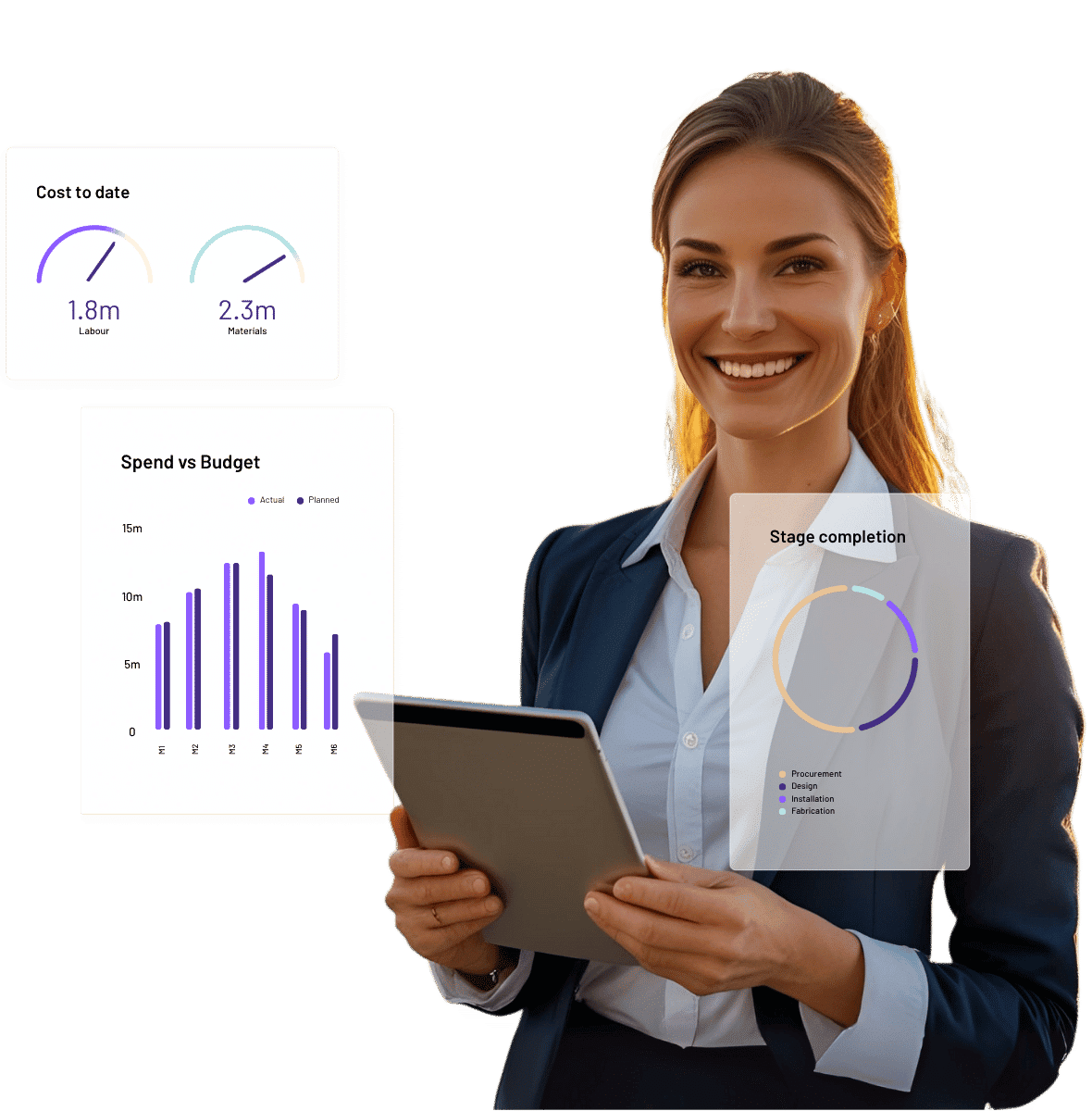 Businesswoman analysing construction project performance data in construction erp dashboards.