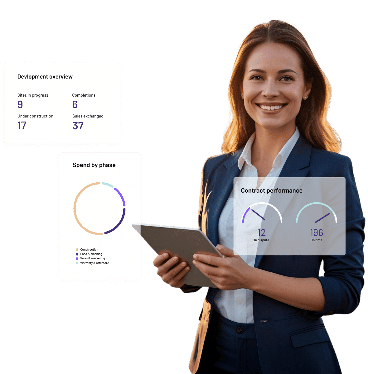 Housebuilder businesswoman holding tablet with construction erp analytics.