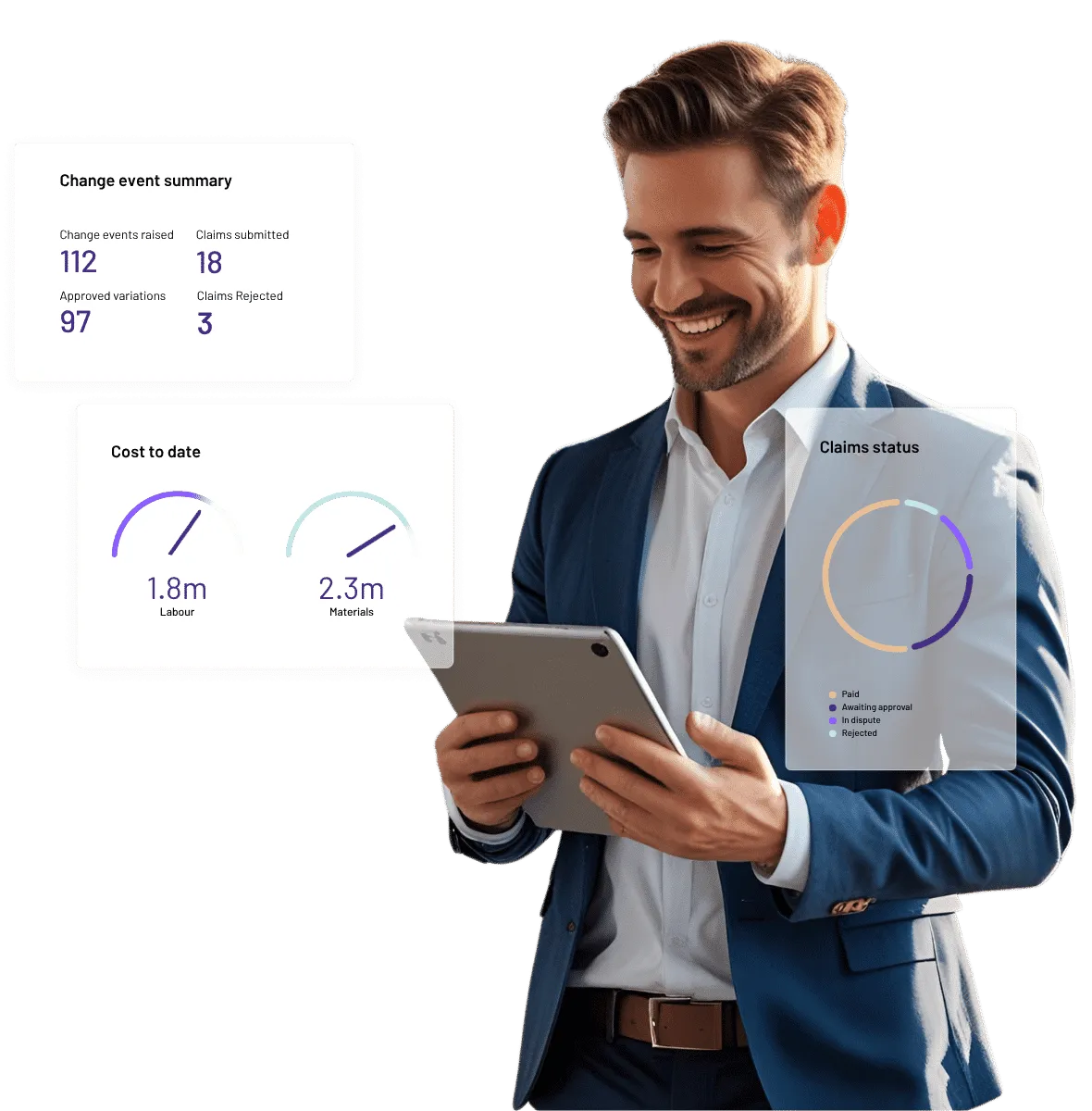 Specialist contractor Businessman reviewing construction erp project data on tablet.