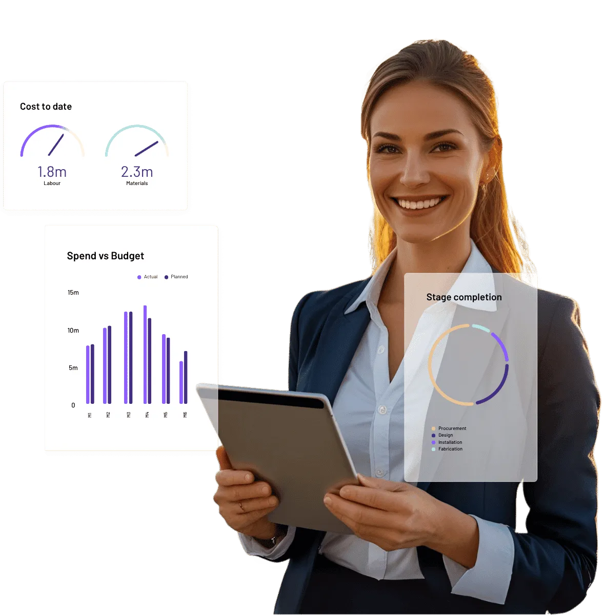 Businesswoman analysing construction project performance data in construction erp dashboards.