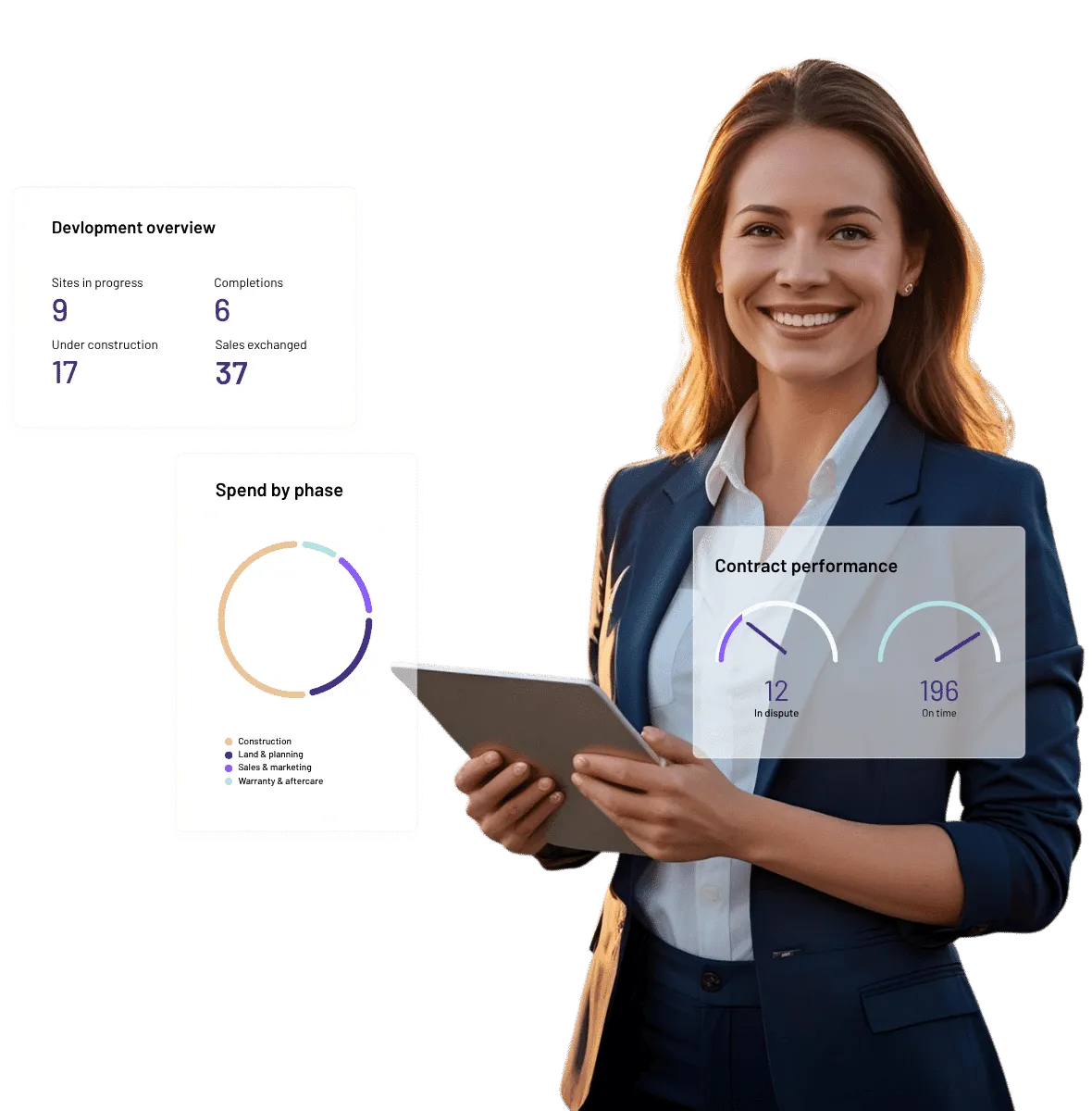 Housebuilder businesswoman holding tablet with construction erp analytics.