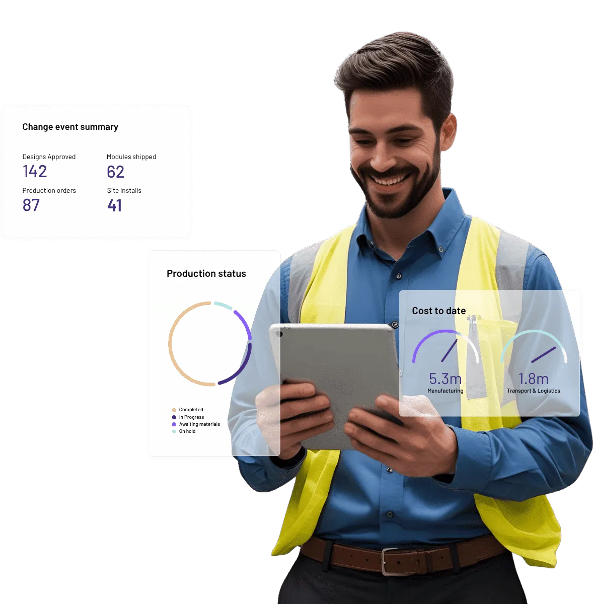Offsite manufacturing professional using tablet with production data.