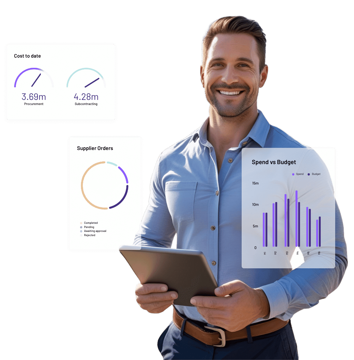 Man holding tablet with construction erp financial data.