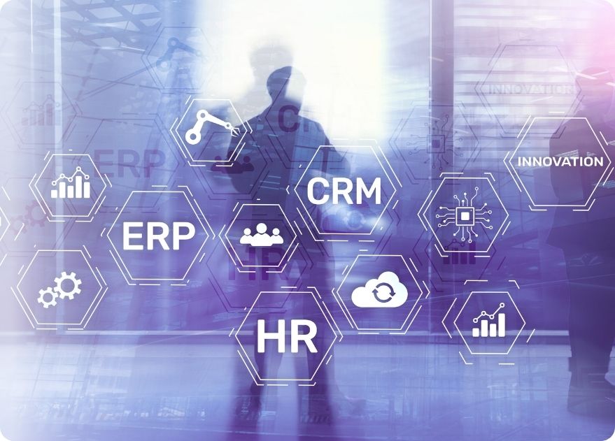 Business software icons with silhouettes showing elements of construction ERP