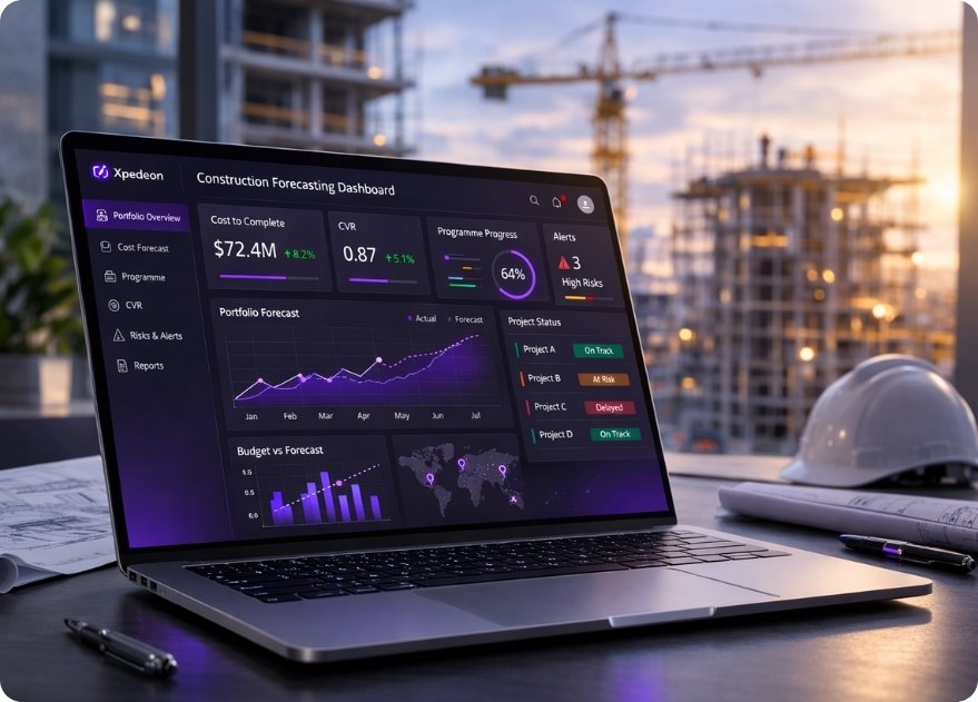 Enterprise construction forecasting dashboard showing real-time cost-to-complete, CVR and programme progress across a multi-project portfolio