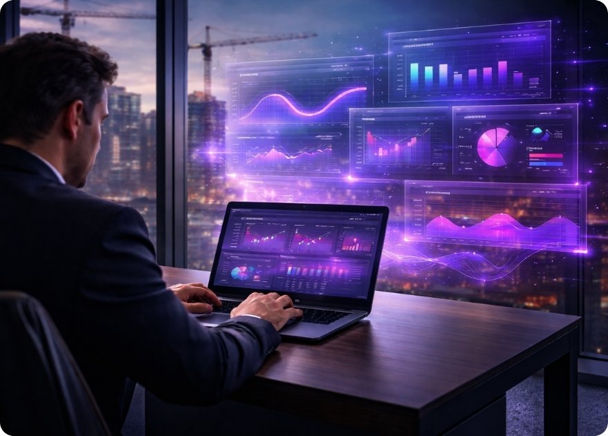 Enterprise construction analytics platform dashboard showing real-time project cost, performance and risk analytics across a multi-project portfolio