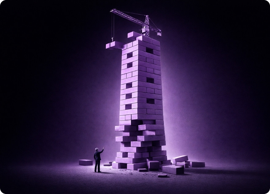 Construction change management challenges illustrated by unstable block tower representing late changes and margin erosion