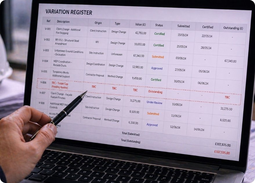 construction variation tracking register on connected ERP showing claimed certified and outstanding liability across active contracts