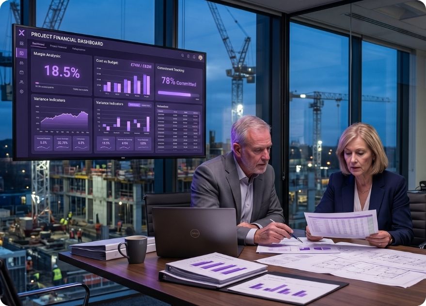 Construction project failure causes illustrated; team reviewing cost reports revealing margin erosion despite on-time delivery