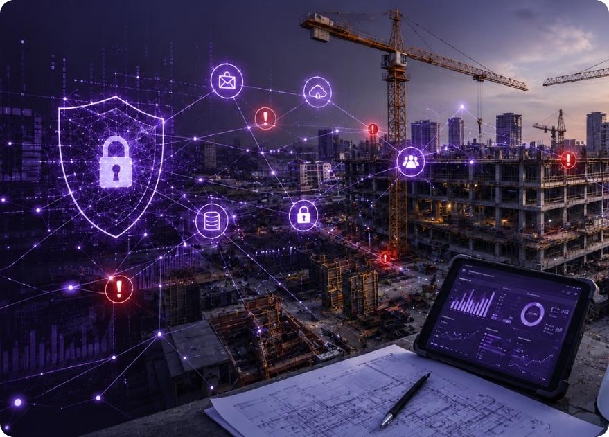 Cybersecurity in construction showing a construction site with digital security network overlays, cyber protection icons, and connected project data.