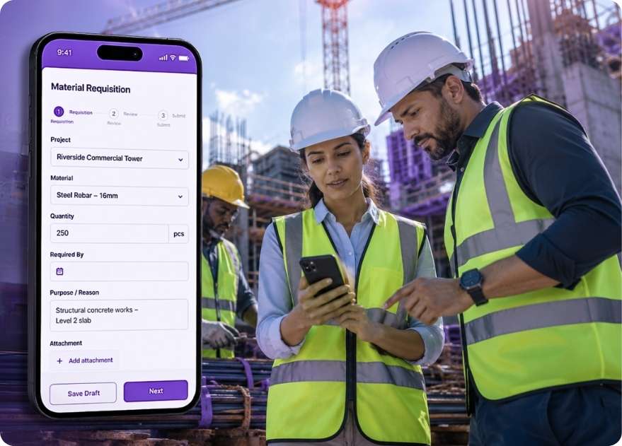 Material requisition in construction showing a site team raising a purchase request on a mobile app
