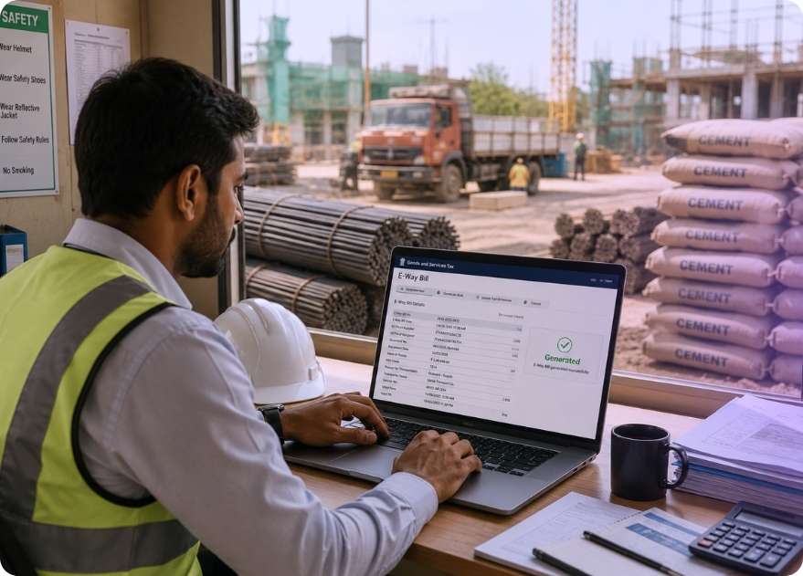 Procurement manager reviewing e-way bill construction India compliance on laptop at construction site office.