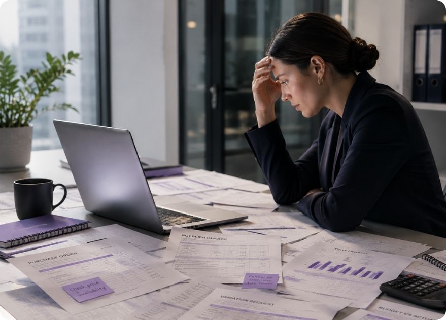 General contractor accounting software helping a finance professional review project costs, invoices and financial reports.