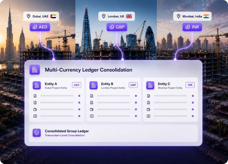 Multi-currency project accounting across international construction project entities