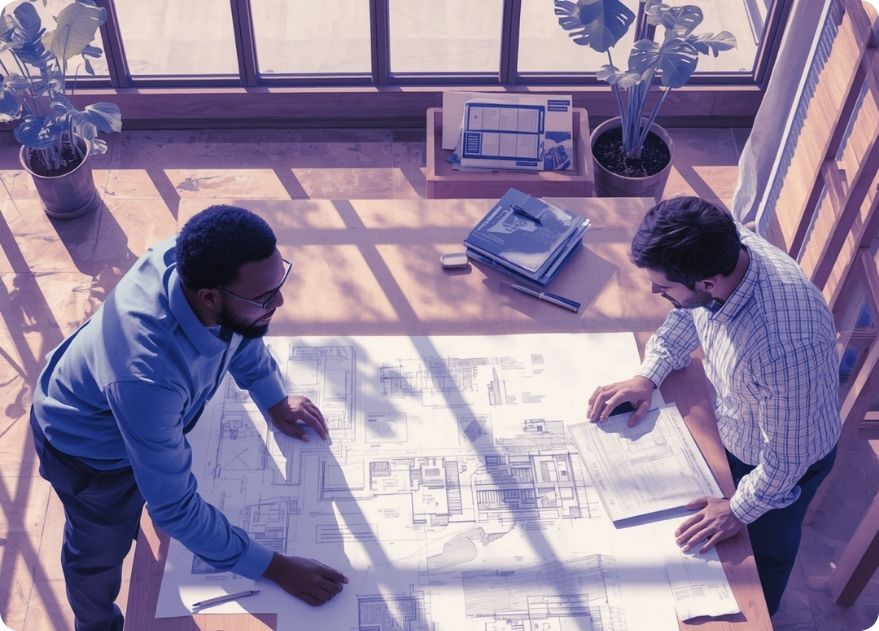 two men looking at retrofit plans for the UK