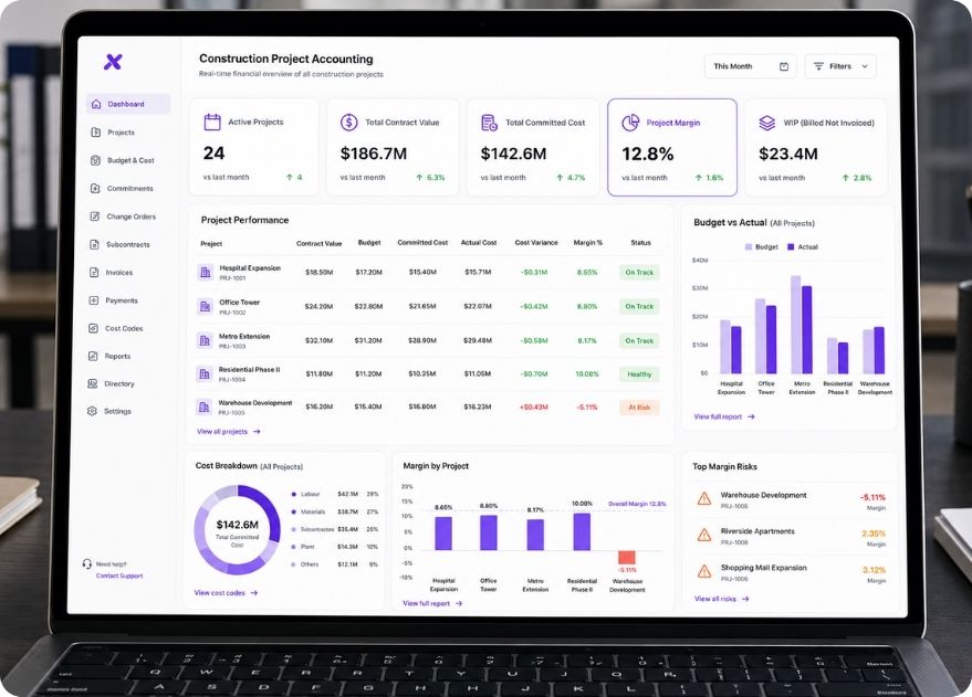 Construction project accounting software dashboard showing project level cost and margin tracking