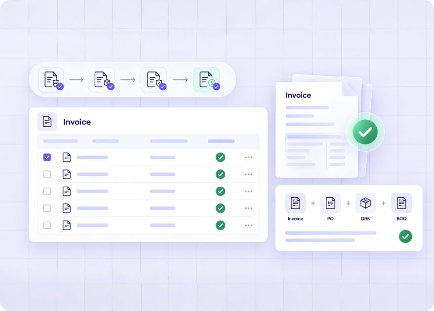 Construction invoices and project documents being reconciled through invoice reconciliation software