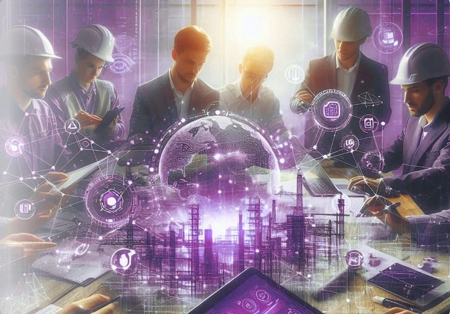 Business meeting with digital technology visuals for real-time collaboration in construction software