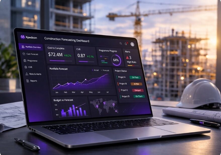 Enterprise construction forecasting dashboard showing real-time cost-to-complete, CVR and programme progress across a multi-project portfolio