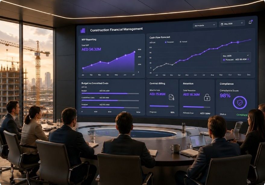 Construction financial management software dashboard showing WIP, cash flow and project cost control