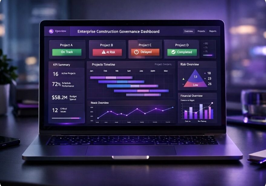 Enterprise construction governance reporting dashboard showing multi-project KPI summary
