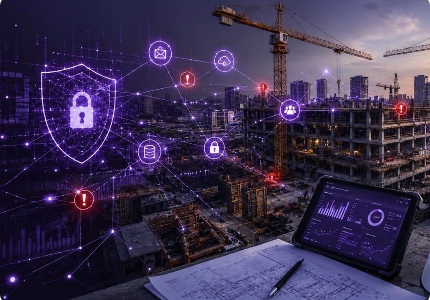 Cybersecurity in construction showing a construction site with digital security network overlays, cyber protection icons, and connected project data.