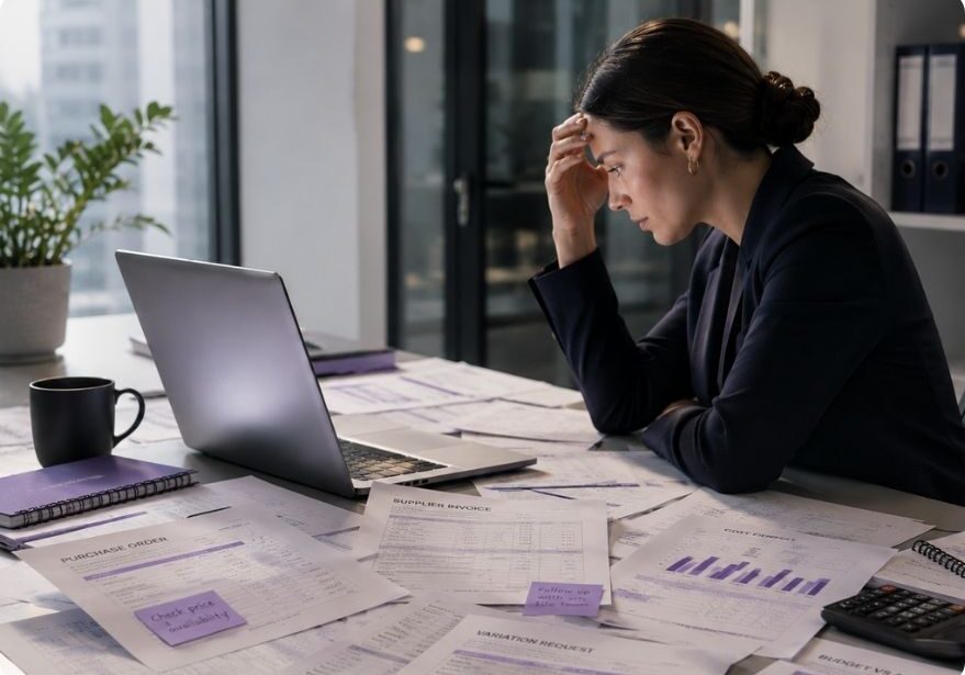 General contractor accounting software helping a finance professional review project costs, invoices and financial reports.