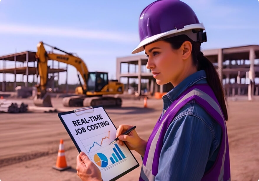 Construction worker reviewing job costing data.
