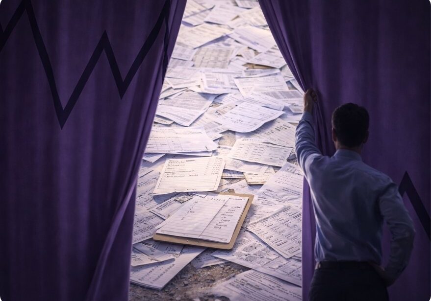 Construction change management breakdown with scattered paperwork symbolising lost project margin