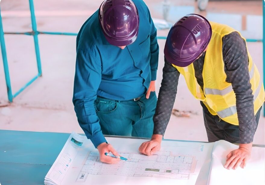 Two workers examining construction plans.