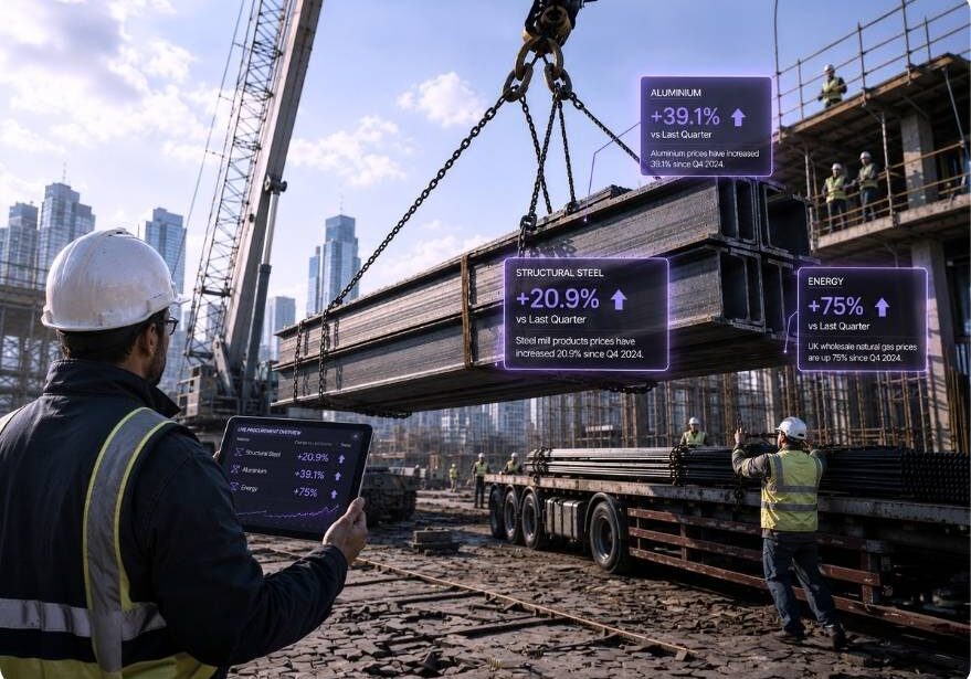 Commercial Director reviewing Iran war construction costs impact on project CVR and material price escalation dashboard in 2026