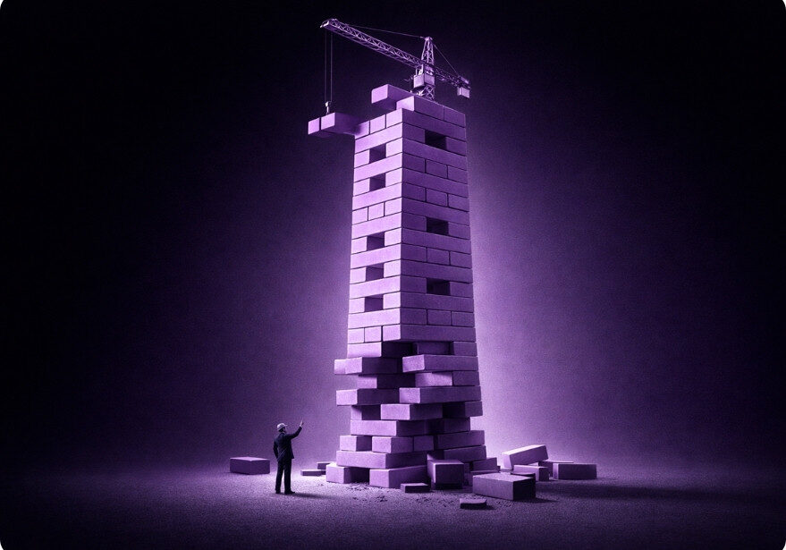 Construction change management challenges illustrated by unstable block tower representing late changes and margin erosion