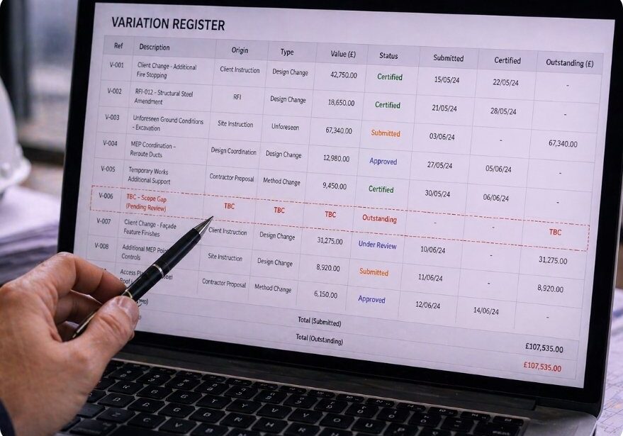 construction variation tracking register on connected ERP showing claimed certified and outstanding liability across active contracts