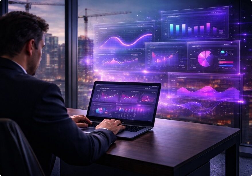 Enterprise construction analytics platform dashboard showing real-time project cost, performance and risk analytics across a multi-project portfolio