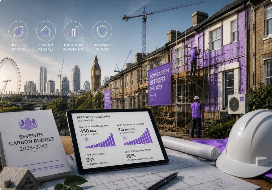 Retrofit construction projects UK with workers delivering low-carbon home improvements under the UK's Seventh Carbon Budget.