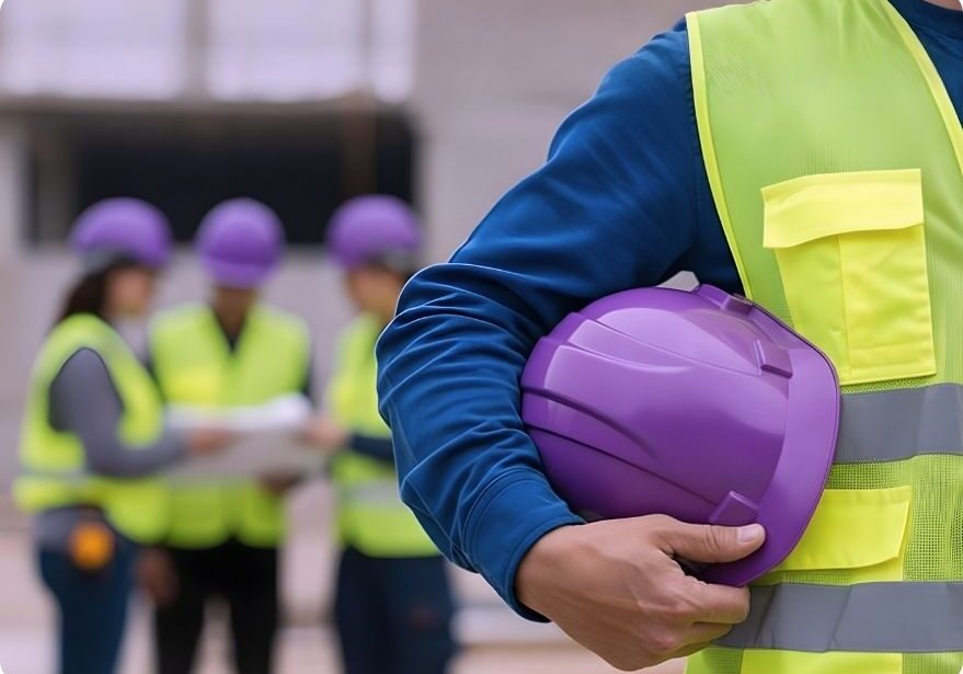 Construction professional overseeing site operations while holding a hard hat