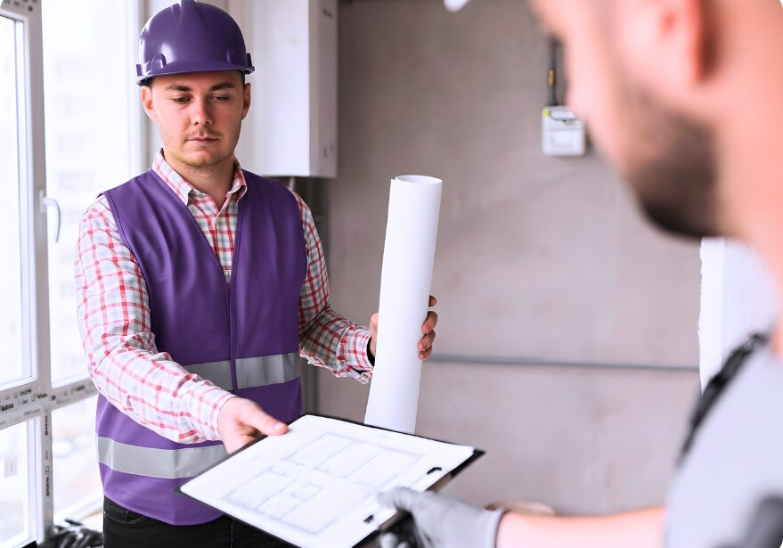 Construction workers discussing construction change order plans.