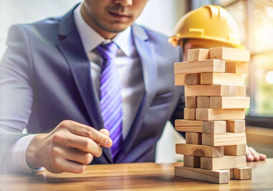 Businessman playing Jenga with blocks showing change management in construction