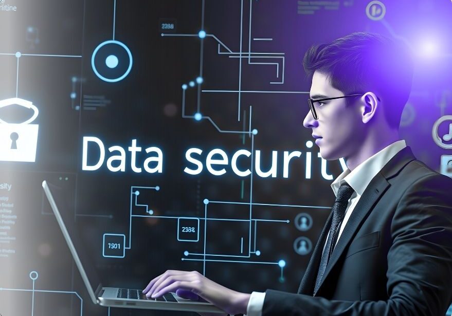 Person working on data security concept in construction erp