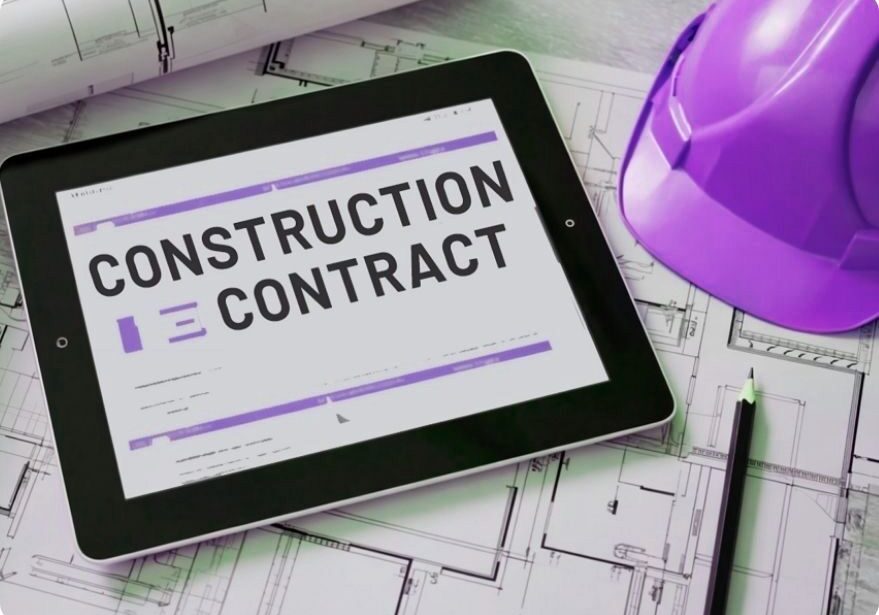 Tablet displaying construction contract on plans