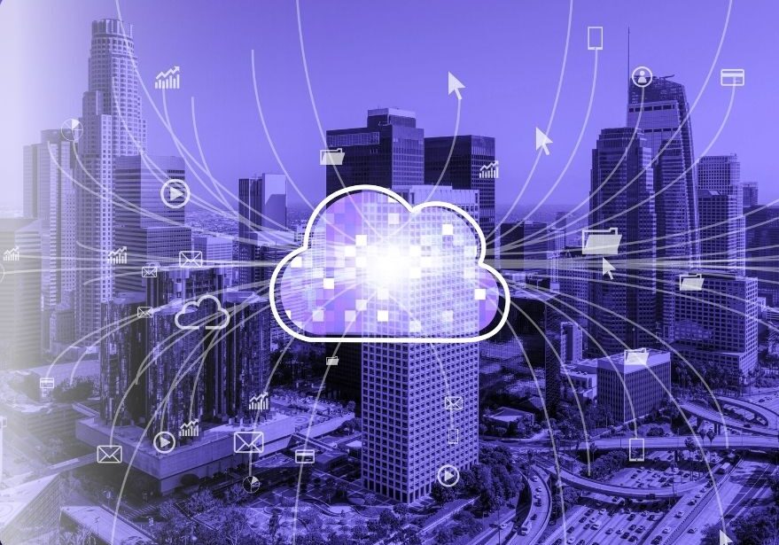 Cloud native construction erp software over a city skyline.