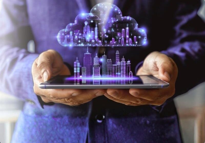 Cloud ERP technology with urban skyline visualisation xpedeon