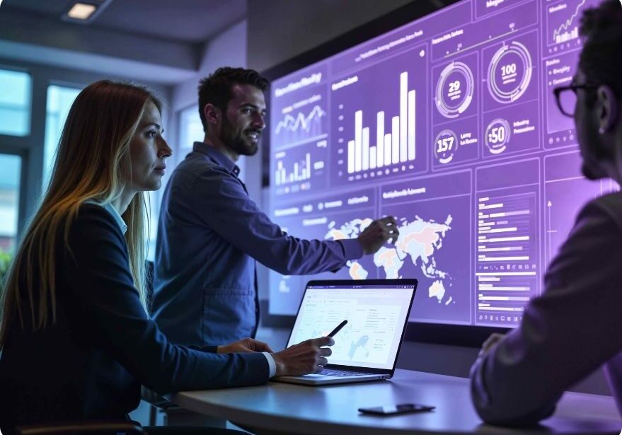 People analysing construction contract management data on a screen.