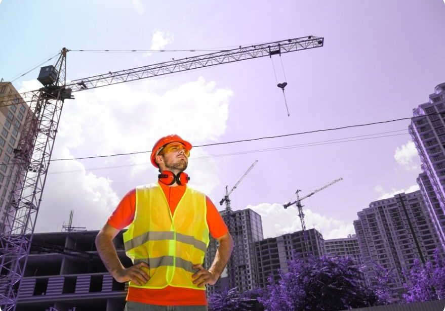 Construction worker at building site contemplating subcontractor management process.