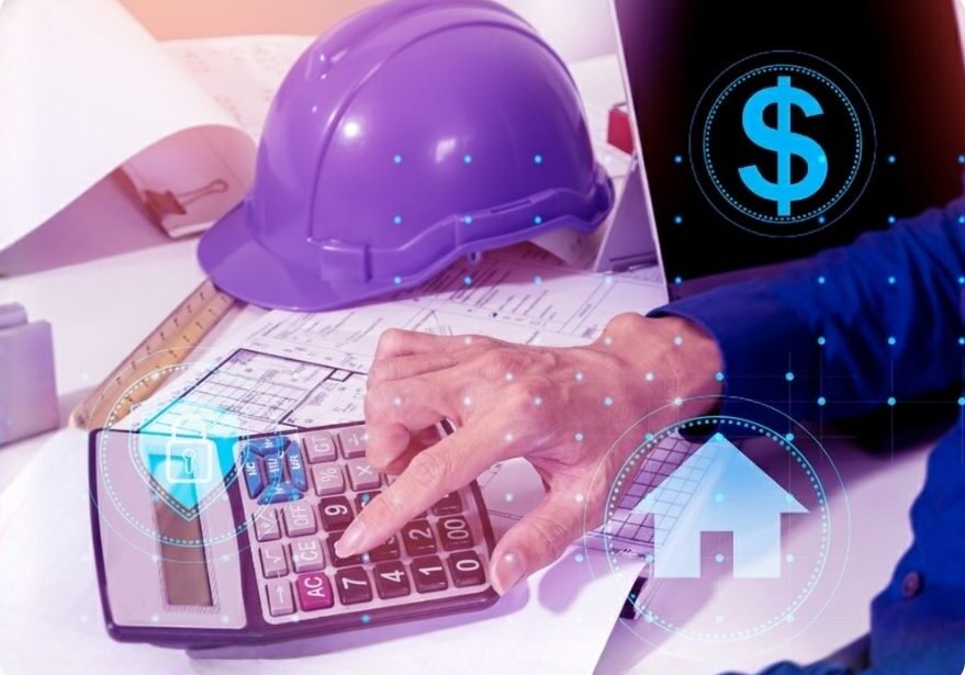 Calculator, construction helmet, financial planning subcontractor management software.