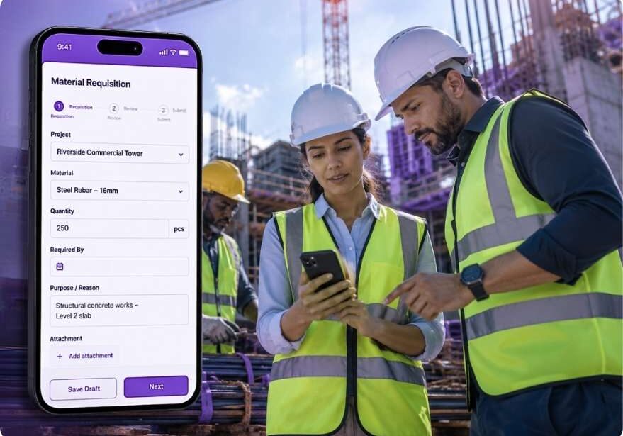 Material requisition in construction showing a site team raising a purchase request on a mobile app