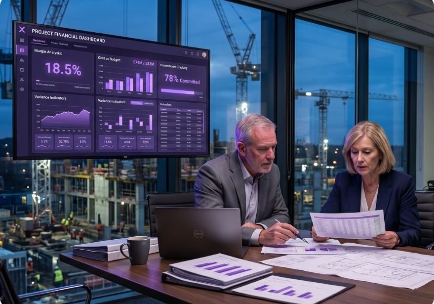 Construction project failure causes illustrated; team reviewing cost reports revealing margin erosion despite on-time delivery